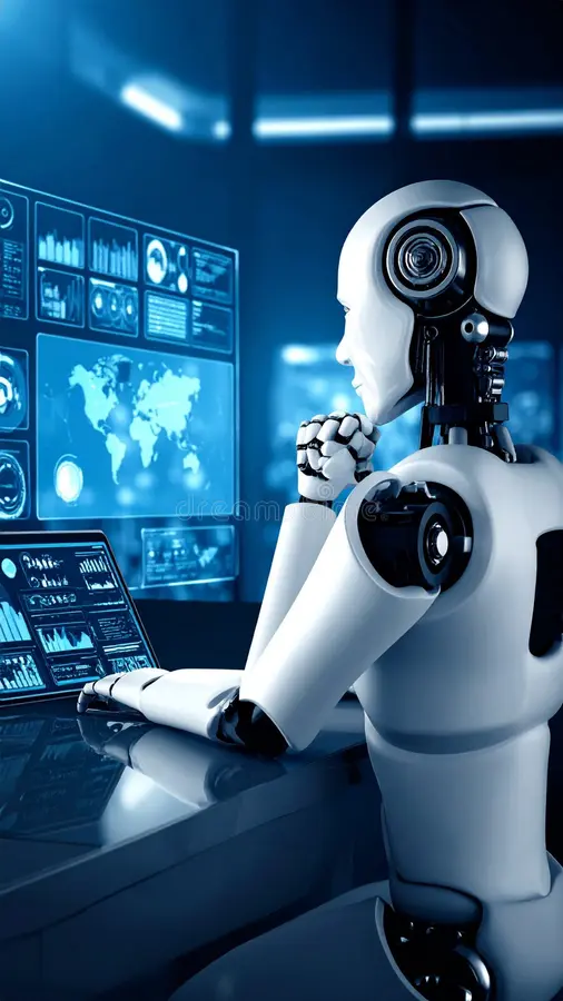 advanced ai robot examines digital charts world map futuristic computer screens showcasing data analysis 415215250